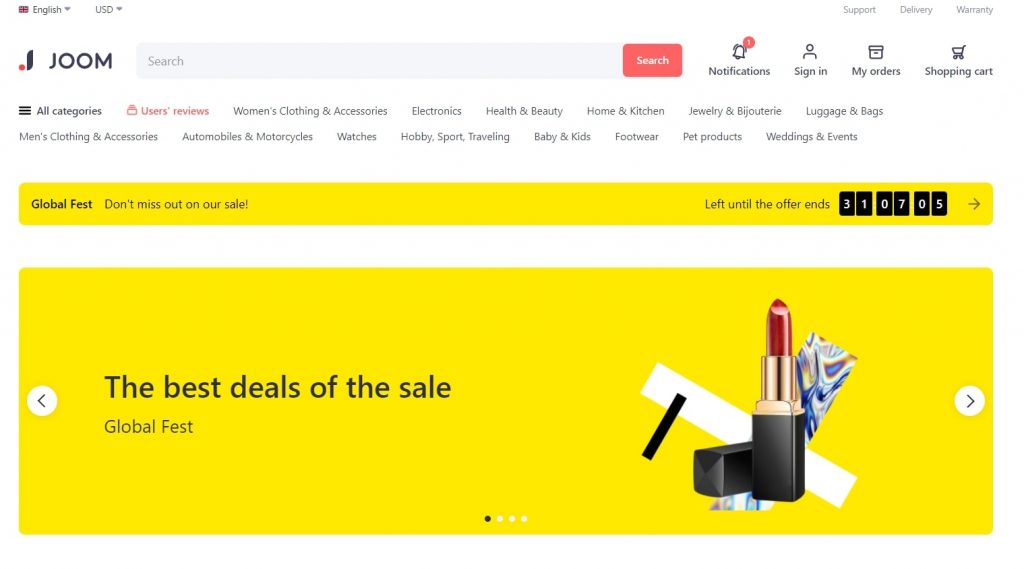 Joom напоминает Aliexpress. Источник: joom.com Не одной Россией едины. Какие ещё есть интернет-площадки для онлайн-торговли?